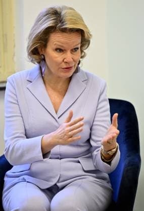 Queen Mathilde of Belgium pictured during a royal visit to the Emergency Victim Assistance (EVA) unit of the Brussels Capital Ixelles police zone, Thursday 04 December 2025. The visit follows the round table discussion on domestic violence held at the Royal Palace on 4 November.  ERICxLALMAND 146405705