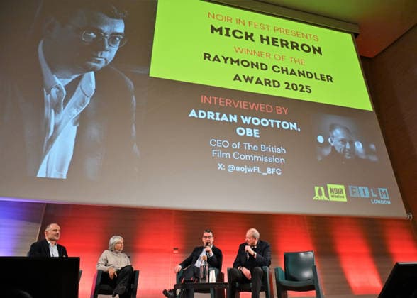 Milan,Italy Mick Herron receives the Raymond Chandler Award at the Noir in Festival with masterclass at the IULM In the photo:Mick Herron,Adrian Wootton OBE is the Chief Executive of Film London  Copyright: xNickxZonnax xipa-agency.netx xNickxZonnax IPA_Agency_IPA68737805