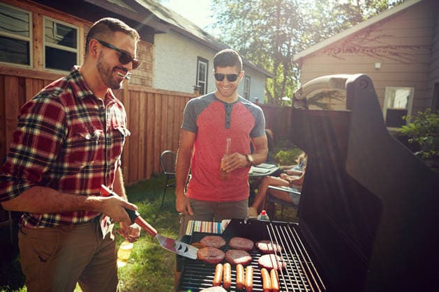 BBQ, friends or people in backyard with grill, bonding or good time in outdoor party. Happiness, celebration or men at house with meat preparation, reunion or fun conversation in social gathering model released property released Copyright: xx