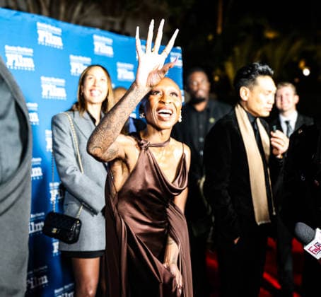 December 4, 2025, Santa Barbara, Ca, USA: Cynthia Erivo on the Red Carpet at the ritzy, oceanfront Ritz Carton Bacara resort for the Santa Barbara International Film Festival (SBIFF) fundraiser where she will be receiving the prestigious Kirk Douglas Award. Wicked director Jon Chu is being interviewed behind her. Santa Barbara USA - ZUMAk144 20251204_znp_k144_001 Copyright: xAmyxKatzx
