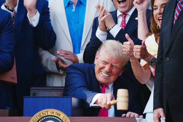 President Donald Trump strikes a gavel from Speaker of the House Mike Johnson, R-LA, after signing a new tax and immigration bill during a ceremony at the White House in Washington DC, on Friday, July 4, 2025. The bill extends tax cuts from 2017, increases funding for defense and immigration security and cuts nearing $1 trillion from Medicaid.  POY2025DC012 BONNIExCASH