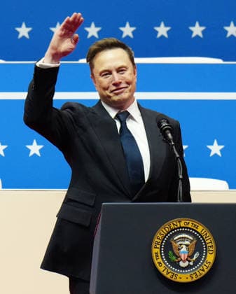 Tesla CEO and X owner Elon Musk gestures on stage when he speaks inside the Capital One Arena after President-elect Donald Trump is sworn in as the 47th President of the United States in Washington, DC, on Monday, January 20, 2025.  POY2025DC045 KENxCEDENO