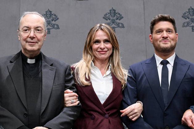 Press conference for the Concert with the Poor Press conference for the Concert with the Poor. Pictured are Don Marco Frisina, Serena Autieri, and Michael Buble. Vatican City, Dec 5th, 2025, Credit:Maria Laura Antonelli AGF Avalon Vatican, Vatican City  Copyright: xMariaxLauraxAntonelli AGFx xAvalonx 1056728769