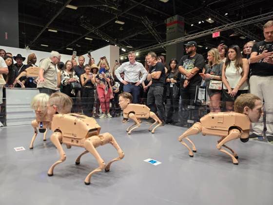 People observe the installation titled ‘Regular Animals’ at the Art Basel 2025 fair in Miami Beach, USA, 05 December 2025. American digital artist Beeple released a pack of robotic dogs with hyperrealistic heads of tech moguls and art legends such as Elon Musk, Jeff Bezos, Andy Warhol, Pablo Picasso, and Mark Zuckerberg. Robotic dogs with the faces of Musk, Bezos, and Picasso steal the show at Art Basel !ACHTUNG: NUR REDAKTIONELLE NUTZUNG!  Copyright: xAlbertoxBoalx USA6971 20251206-55018752286_1