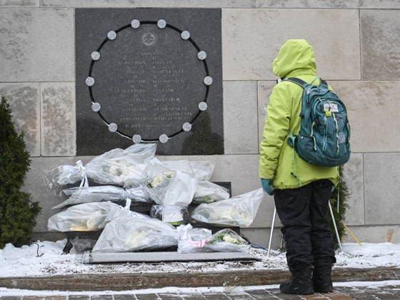 December 6, 2025, Montreal, Pq, Canada: A person stands next to a memorial plaque for the victims of the 1989 Ecole Polytechnique massacre in Montreal, Saturday, December 6, 2025. Today marks the 36th anniversary of the shooting by an anti-feminist which left 14 women dead and 13 others injured. Montreal Canada  - ZUMAc35_ 20251206_zaf_c35_006 Copyright: xGrahamxHughesx