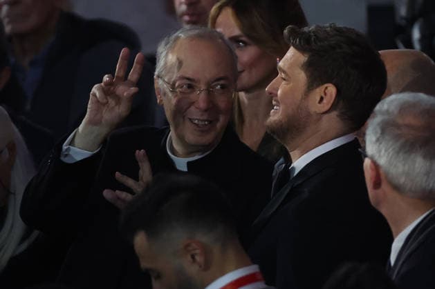 Vatican City, Italy - December 6, 2025: Father Marco Frisina, Serena Autieri, Michael Steven Buble. Pope Leo XIV attends the concert for the poor with Canadian singer Michael Steven Buble and Serena Autieri held in the Paul VI Hall in the Vatican.  Copyright: xmarcoxiacobuccix xipa-agency.netx xmarcoxiacobuccix IPA_Agency_IPA68835649