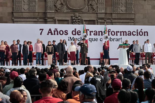 December 6, 2025, Mexico, Cdmx, Mexico: Former Mexican President ANDRES MANUEL LOPEZ OBRADOR (AMLO) founded the National Regeneration Movement (MORENA) political party and the Fourth Transformation (4T), which is its main political proposal. Current President CLAUDIA SHEIMBAUM is responsible for continuing the Fourth Transformation, or 4T. As part of the movement s seventh anniversary, she celebrated with thousands of supporters in Mexico City s Zo³calo (Plaza de la Constitucio³n). In front of the National Palace, she gave a speech highlighting her commitment to continuing AMLO s legacy: governing with austerity, without corruption, helping the poor, and continuing the fight against drug trafficking. She also emphasized that she will no - ZUMAp204 20251206_zip_p204_041 Copyright: xJosuexPerezx