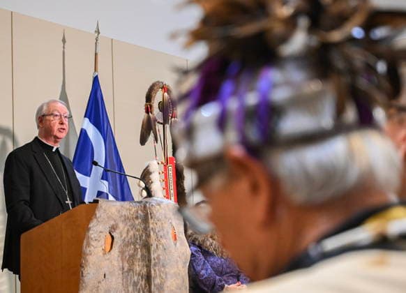 December 6, 2025, Montreal, Pq, Canada: Archbishop of Vancouver Richard Smith speaks during a press conference at Trudeau Airport in Montreal, Saturday, December 6, 2025, after 62 indigenous artifacts and cultural items were returned by the Vatican. Montreal Canada  - ZUMAc35_ 20251206_zaf_c35_069 Copyright: xGrahamxHughesx