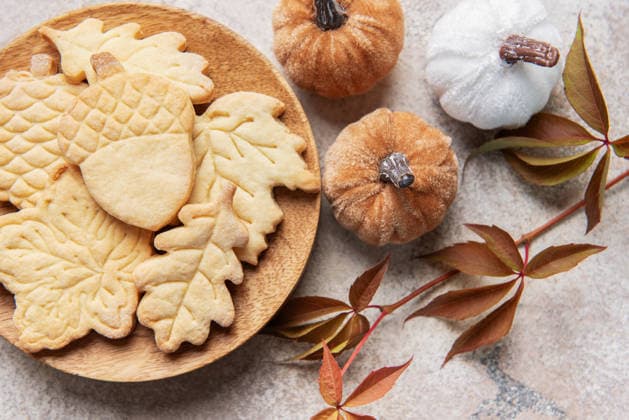 Sweet butter cookies shaped as fall leaves and acorns on a wooden plate, surrounded by decorative pumpkins and autumn foliage Model Released OlenaRudo_ID33057_1125221_039 Copyright: xOlenaxRudox