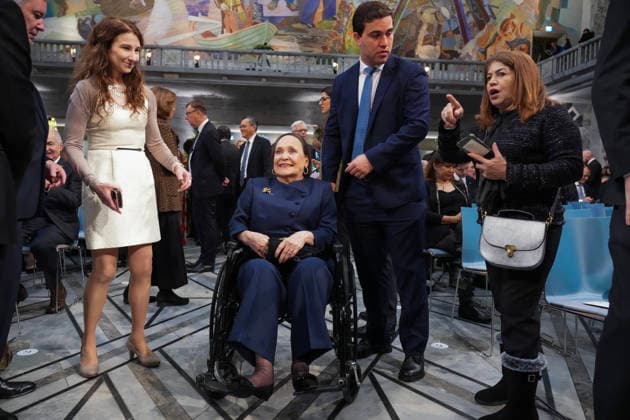 Nobel Peace Prize 2025 Oslo 20251210. The mother of the Nobel Peace Prize laureate, Corina Parisca de Machado, arrives at Oslo City Hall before the award ceremony of the Nobel Peace Prize. The daughter of the Nobel Peace Prize laureate, Ana Corina Sosa, accepts the prize on behalf of her mother. Venezuelan opposition leader Maria Corina Machado receives the prize for her tireless work to secure democratic rights for the people of Venezuela, and for her fight for a just and peaceful transition from dictatorship to popular rule. Due to the circumstances in her home country of Venezuela, the Nobel Peace Prize laureate was unable to attend the award ceremony in Norway. Photo: Ole Berg-Rusten NTB POOL Oslo Norway FgTXnScOyd8 EDITORIAL USE  Copyright: xOlexBerg-Rustenx xNTBx