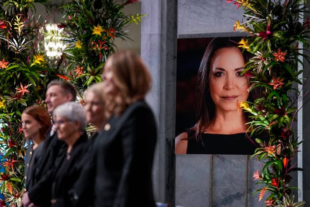 Nobels fredspris 2025 Oslo 20251210. Et bilde av Nobels fredsprismottaker Maria Corina Machado under utdelingen av Nobels fredspris i Oslo radhus. Den venezuelanske opposisjonslederen Maria Corina Machado far prisen for sitt utrettelige arbeid for a sikre demokratiske rettigheter for folket i Venezuela, og for sin kamp for en rettferdig og fredelig overgang fra diktatur til folkestyre. Pa grunn av omstendighetene i hjemlandet Venezuela kunne ikke Nobels fredsprismottaker delta pa utdelingen i Norge. Foto: Ole Berg-Rusten NTB POOL Oslo Norge ZOlxoz7MtRE EDITORIAL USE ONLY Ref:_BNCZOlxoz7MtRE.jpg Copyright: xOlexBerg-Rustenx xNTBx