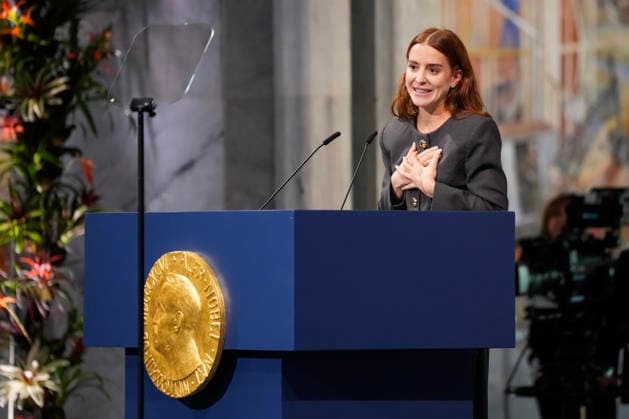 Nobel Peace Prize 2025 Oslo 20251210. The daughter of the Nobel Peace Prize laureate, Ana Corina Sosa, accepts the award on behalf of her mother during the Nobel Peace Prize ceremony at Oslo City Hall. Venezuelan opposition leader Maria Corina Machado receives the award for her tireless work to secure democratic rights for the people of Venezuela, and for her fight for a just and peaceful transition from dictatorship to popular rule. Due to the circumstances in her home country of Venezuela, the Nobel Peace Prize laureate was unable to attend the ceremony in Norway. Photo: Ole Berg-Rusten NTB POOL Oslo Norway BE0dGCW7Y-M EDITORIAL USE ONLY Ref:_BNCBE0dGCW7Y-M.jpg Copyright: xOlexBerg-Rustenx xNTBx