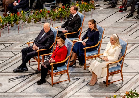 10-12-2025 Norway Princess Mette-Marit and Princess Ingrid Alexandra and Prince Haakon and King Harald and Queen Sonja with Ana Corina Sosa, daughter of Nobel Peace Prize Laureates Maria Corina Machado, at the awarding of the Nobel Peace Prize to Maria Corina Machado from Venezuela in the city hall in Olso. Due to the circumstances in her home country of Venezuela, Maria Corina Machado was unable to attend the award ceremony in Norway. Â  Copyright: xPPEx