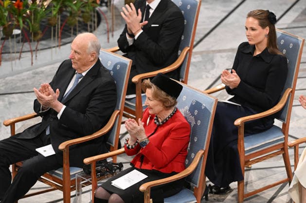 King Harald V of Norway, Queen Sonja of Norway and Princess Ingrid Alexandra of Norway attend the 2025 Nobel Peace Prize presentation ceremony at Oslo City Hall on December 10, 2025 in Oslo, Norway  OSL202510217 PAULxTREADWAY
