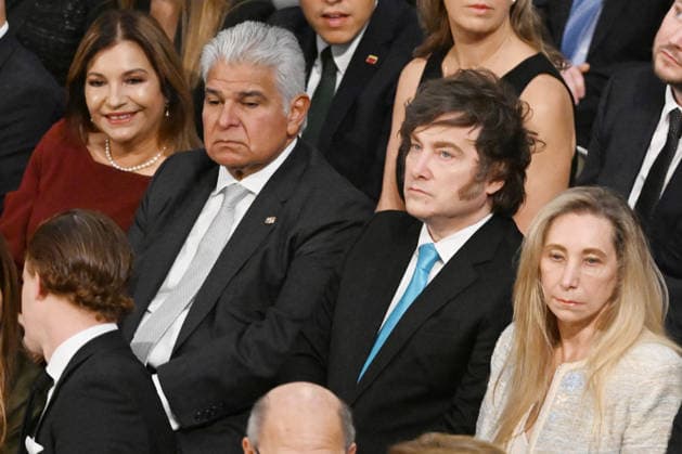 Panama President Jose Raul Mulino, Argentinian President Javier Milei and Argentina s General Secretary of tThe Presidency Karina Milei attend the 2025 Nobel Peace Prize presentation ceremony at Oslo City Hall on December 10, 2025 in Oslo, Norway  OSL202510224 PAULxTREADWAY