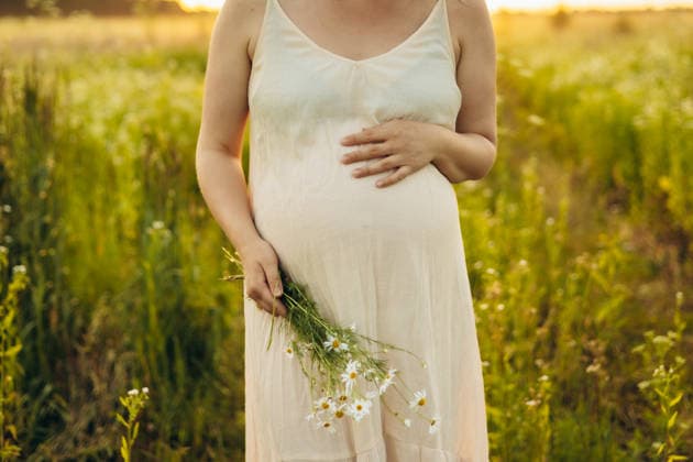 Pregnant woman walking peacefully in a sunny field Cropped unrecognizable pregnant woman strolling through a sunny field, radiating calm and happiness. Her hand rests gently on her belly, symbolizing love and anticipation. Model Released Ptashkimenko_ID32351_1102762_006 Copyright: xx RECORD DATE NOT STATED