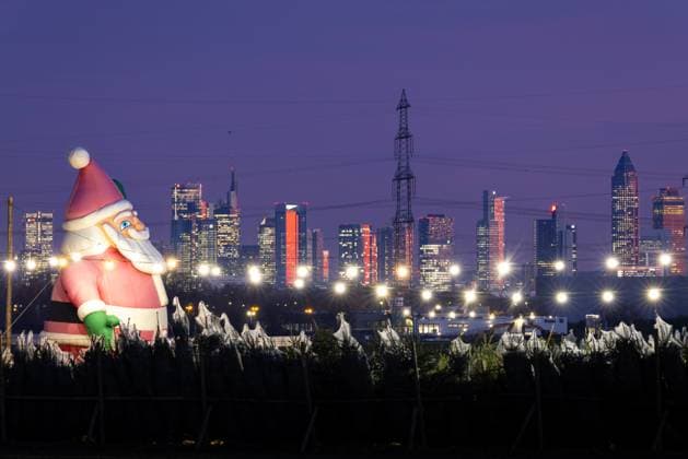 Weihnachtsmann vor der Frankfurter Skyline In einem Christbaum-Center bei Frankfurt am Main ragt vor der leuchtenden Bankenskyline eine mehrere Meter hohe Aufblas-Figur des Weihnachtsmannes empor. Frankfurt am Main Hessen Deutschland *** Santa Claus in front of the Frankfurt skyline In a Christmas tree center near Frankfurt am Main, an inflatable figure of Santa Claus towers several meters high in front of the glowing bank skyline Frankfurt am Main Hesse Germany 2025-12-10_ffm_weihnachtsmann_skyline_07