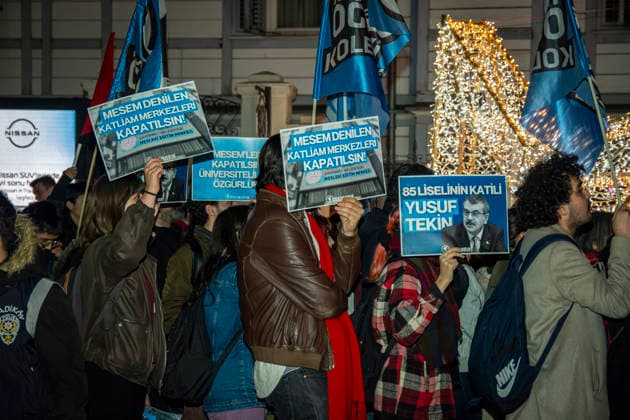December 10, 2025, Istanbul, Istanbul, Turkey: Unions, students, and left-socialist groups gathered in IstanbulÃ¢â‚¬â ¢s Kadikoy district to protest the governmentÃ¢â‚¬â ¢s MESEM (Vocational Education Centers) policy, criticizing it for promoting child labor and precarious working conditions. Demonstrators held banners and chanted slogans demanding the abolition of MESEM practices and stronger protections for young workers. Istanbul Turkey - ZUMAt171 20251210_zip_t171_005 Copyright: xAbdullahxTepelix