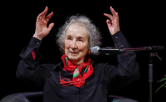 December 10, 2025, Calgary, Ab, CANADA: Margaret Atwood gestures as she speaks with Heather O Neill during an on stage interview in Calgary, Wednesday, Dec. 10, 2025. Calgary CANADA  - ZUMAc35_ 20251210_zaf_c35_100 Copyright: xJeffxMcintoshx