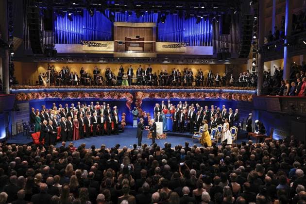 Nobel award ceremony Professor Susumu Kitagawa (C, L) of Kyoto University receives the Nobel Prize in chemistry from King Carl XVI Gustaf of Sweden during an award ceremony at Stockholm Concert Hall in Stockholm on Dec. 10, 2025.  A14AA0005107492P