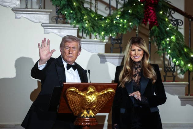 US President Donald J. Trump delivers remarks during the Congressional Ball at the White House US President Donald J. Trump (L) and First Lady Melania Trump (R) attend the Congressional Ball in the Grand Foyer of the White House in Washington, DC, USA, 11 December 2025. WASHINGTON DISTRICT OF COLUMBIA United States  Copyright: xPool ABACAx