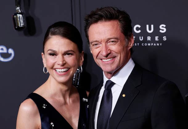 Sutton Foster and Hugh Jackman arrive on the red carpet at the Focus Features Song Sung Blue New York Premiere at AMC Lincoln Square Theater on Thursday, December 11, 2025 in New York City.  NYP20251211116 JohnxAngelillo