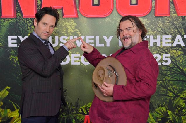 Cast members Paul Rudd (L) and Jack Black attend the world premiere of the motion picture horror comedy Anaconda at the United Theater in Los Angeles on Saturday, December 13, 2025. Storyline: A group of friends are going through a mid-life crisis. They decide to remake a favorite movie from their youth but encounter unexpected events when they enter the jungle.  LAP2025121381 JIMxRUYMEN
