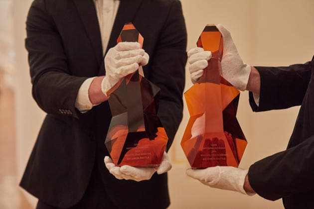 The Antonin Dvorak Prize in the shape of a cello awarded to singer Magdalena Kozena and her husband, British conductor Simon Rattle, in the Spanish Hall of Prague Castle, in Prague, on December 14, 2025. (CTKxPhoto DorotaxHolubova) CTKPhotoP2025121406838  CTKPhotoP2025121406838