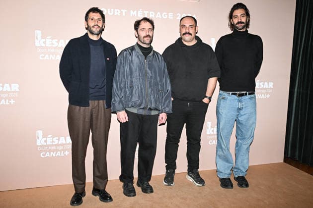 Photocall Courts Metrages Cesar 2026 in Paris FA (L-R) Nelson Ghrenassia, Stavros Petropoulos, a guest and Stephane Marchal pose for a photocall during the Brunch of Courts Metrages Cesar 2026 in Paris on December 14, 2025. Photo by Firas Abdullah ABACAPRESS.COM Paris Ile-de-France France  Copyright: xAbdullahxFiras ABACAx