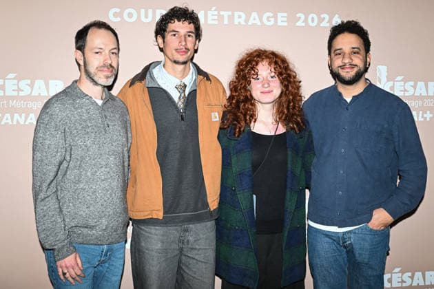 Photocall Courts Metrages Cesar 2026 in Paris FA (L-R) Quentin Daniel, a guest, Ambre Mussard and Hakim Atoui pose for a photocall during the Brunch of Courts Metrages Cesar 2026 in Paris on December 14, 2025. Photo by Firas Abdullah ABACAPRESS.COM Paris Ile-de-France France  Copyright: xAbdullahxFiras ABACAx