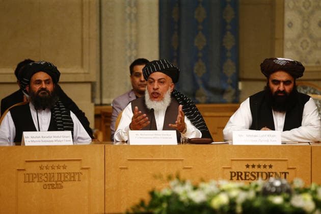 Afghan talks with Taliban in Moscow MOSCOW, RUSSIA - MAY 30: Representatives of Taliban, Mullah Abdul Ghani Baradar (L) and Head of Political Office of the Taliban Sher Mohammad Abbas Stanakzai (C) attend a meeting chaired by Former President of Afghanistan Hamid Karzai, marking a century of diplomatic relations between Afghanistan and Russia on May 30, 2019 in Moscow, Russia on the third day of Afghan talks with Taliban. Moskova Rusya. Editorial use only. Please get in touch for any other usage.  Copyright: x2025xAnadoluxSefaxKaracanx