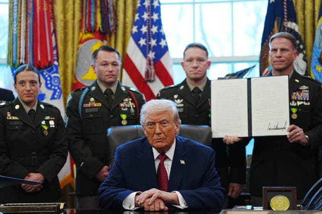 President Donald Trump displays a signed executive order designating fentanyl as a weapon of mass destruction in the Oval office of the White House on Monday, December 15, 2025. He also announce the success of his border policies before a Mexican Border Defense Medal Presentation  WAS20251215106 BONNIExCASH