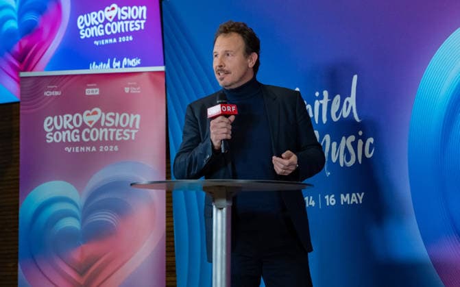 20251216 Eurovision Song Contest 2026 - ORF-Medienupdate WIEN, OESTERREICH - 16. DEZEMBER: ORF Executive Producer des Song Contest 2026 Michael Kroen waehrend des Mediengespraechs anlaesslich eines ORF Updates zum 70. ESC - Eurovision Song Contest vom 12. bis zum 16. Mai 2026 in Wien im Foyer der Halle F der Wiener Stadthalle am 16. Dezember 2025 in Wien, Oesterreich. 251216_SEPA_17_023 Copyright: xIsabellexOuvrardx SEPAxMedia