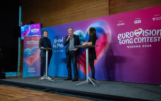 20251216 Eurovision Song Contest 2026 - ORF-Medienupdate WIEN, OESTERREICH - 16. DEZEMBER: ORF Executive Producer des Song Contest 2026 Michael Kroen, ORF Art Direktor Michael Hajek und Politikjournalistin, ORF TV-Moderatorin, Vorsitzende des Frauennetzwerk Medien und Host der Veransaltung Alexandra Maritza Wachter waehrend des Mediengespraechs anlaesslich eines ORF Updates zum 70. ESC - Eurovision Song Contest vom 12. bis zum 16. Mai 2026 in Wien im Foyer der Halle F der Wiener Stadthalle am 16. Dezember 2025 in Wien, Oesterreich. 251216_SEPA_17_024 Copyright: xIsabellexOuvrardx SEPAxMedia
