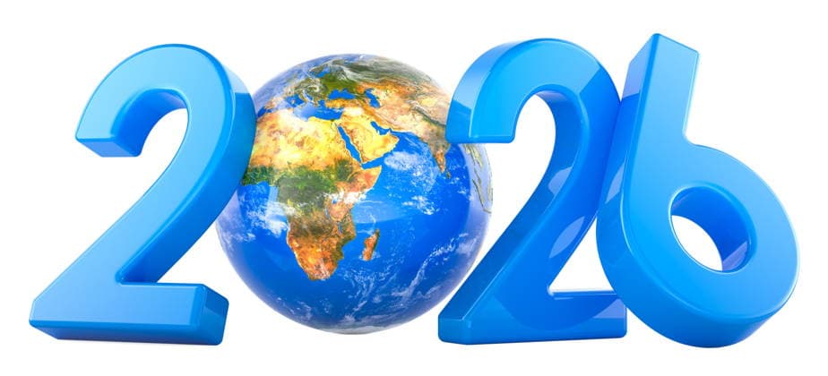 Neujahr Welt, Konzept. 2026 mit Erdkugel. 3D-Rendering New Year World, concept. 2026 with Earth Globe. 3D rendering isolated on white background (License=RF) Copyright: xZoonar.com Natax 24313866
