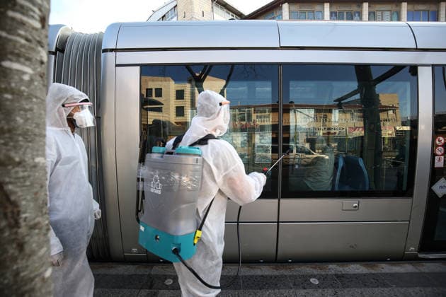 Coronavirus precautions in Jerusalem JERUSALEM - MARCH 16: Officials carry out disinfection works as a precaution against the coronavirus (COVID-19) at a tram station in Shuafat district in Jerusalem on March 16, 2020. Kudüs Palestinian Territory, Occupied. Editorial use only. Please get in touch for any other usage.  Copyright: x2025xAnadoluxMostafaxAlkharoufx