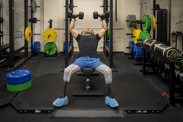 British Military Medics Project Renovator Ukraine 17th December 2025. British military medics in Ukraine are helping the most severely wounded soldiers recover at a hospital as part of Project Renovator..Pictured. Exercising in the fully equipped gym.Cpl Volodymyr, 41, a map maker before the war, who had stunned British medics with the speed he learned to walk on prosthetics..He was injured in April by land mine in Sumy which he suspects was dropped from a Russian drone. Three months later he was walking  Copyright: xIanxWhittakerx NINTCHDBPICT001046340162