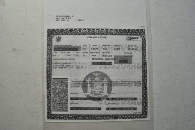 Donald Trump’s old Ferrari selling for £750,000 Story From Jam Press (Donald Trump Ferrari) Pictured: Donald Trump’s 2007 Ferrari F430 F1 paperwork. Donald Trump’s old Ferrari selling for £750,000 Donald Trump’s old Ferrari is being sold for £750,000. The US President got the classic red F430 F1 brand new in 2007. It was ten years before he was elected to the White House. He was hosting the US version of The Apprentice at the time. It would have set him back about £120,000 when he got it 18 years ago. The 196mph supercar was delivered to the now 79-year-old Trump Tower in New York City. The car is being sold with Trump’s distinctive signature on the paperwork. The Ferrari boasts a 4.3 litre V8 engine and has only done 9,493 miles.  Copyright: xJamxPress PhotosxCourtesyxofxMecumxAuctions,xInc.