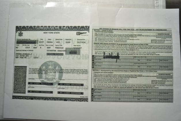 Donald Trump’s old Ferrari selling for £750,000 Story From Jam Press (Donald Trump Ferrari) Pictured: Donald Trump’s 2007 Ferrari F430 F1 paperwork. Donald Trump’s old Ferrari selling for £750,000 Donald Trump’s old Ferrari is being sold for £750,000. The US President got the classic red F430 F1 brand new in 2007. It was ten years before he was elected to the White House. He was hosting the US version of The Apprentice at the time. It would have set him back about £120,000 when he got it 18 years ago. The 196mph supercar was delivered to the now 79-year-old Trump Tower in New York City. The car is being sold with Trump’s distinctive signature on the paperwork. The Ferrari boasts a 4.3 litre V8 engine and has only done 9,493 miles.  Copyright: xJamxPress PhotosxCourtesyxofxMecumxAuctions,xInc.