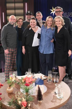Horst Lichter, Carina Raddatz, Mark Forster, Meltem Kaptan, Micky Beisenherz, Franca Cerutti, Hans Sigl und Susan Link bei der Aufzeichnung der WDR-Talkshow Kölner Treff im WDR Studio BS 3. Köln, 18.12.2025