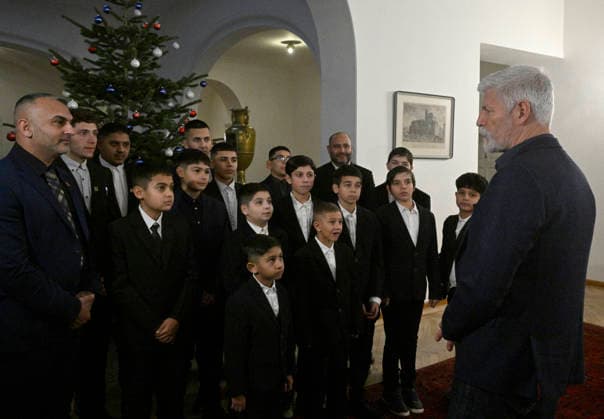 Czech President Petr Pavel (right) and his wife Eva Pavlova receive small footballers of Mongagua club who were recently target of racist offenses by adult fans, at Prague Castle, Czech Republic, on December 19, 2025. (CTKxPhoto MichalxKrumphanzl) CTKPhotoP2025121905544  CTKPhotoP2025121905544