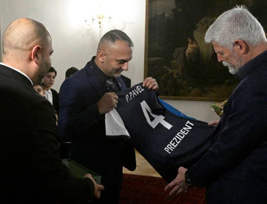 Czech President Petr Pavel (right) and his wife Eva Pavlova receive small footballers of Mongagua club who were recently target of racist offenses by adult fans, at Prague Castle, Czech Republic, on December 19, 2025. (CTKxPhoto MichalxKrumphanzl) CTKPhotoP2025121905545  CTKPhotoP2025121905545