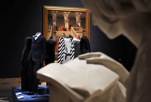 Milan, Italy Giorgio Armani.Milan, for love on display at the Pinacoteca di Brera for the first time an exhibition dedicated to the stylistic journey of Giorgio Armani welcoming a selection of clothes in its prestigious rooms a union of fashion and art In the photo: Giorgio Armani s clothes on display with his portrait  Copyright: xNickxZonnax xipa-agency.netx xNickxZonnax IPA_Agency_IPA69325463
