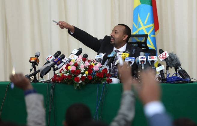 Prime Minister of Ethiopia Abiy Ahmed ADDIS ABABA, ETHIOPIA - AUGUST 25 : Prime Minister of Ethiopia Abiy Ahmed answers the questions of press members in Addis Ababa, Ethiopia on August 25, 2018. Addis Abeba Ethiopia. Editorial use only. Please get in touch for any other usage.  Copyright: x2025xAnadoluxMinassexWondimuxHailux