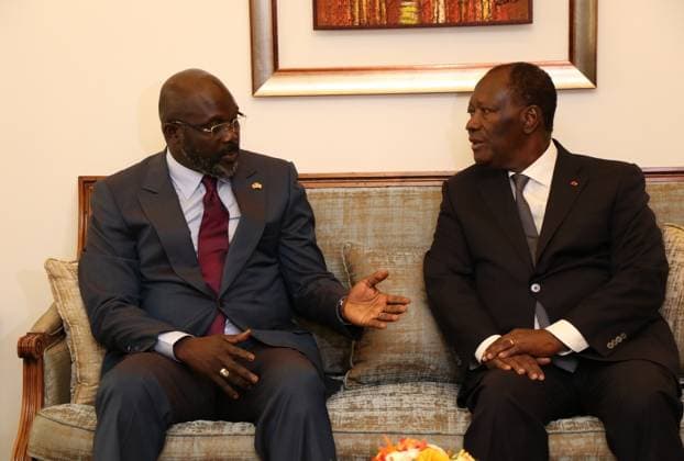 Liberian President George Weah in Ivory Coast ABIDJAN, IVORY COAST - APRIL 04: Liberian President George Weah (L) meets with President of Ivory Coast Alassane Ouattara (R) following an official welcoming ceremony at the Felix Houphouet Boigny International Airport in Abidjan, Ivory Coast on April 04, 2018. Côte d Ivoire World. Editorial use only. Please get in touch for any other usage.  Copyright: x2025xAnadoluxCyrillexBahx