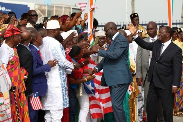 Liberian President George Weah in Ivory Coast ABIDJAN, IVORY COAST - APRIL 04: Liberian President George Weah (3rd R) is being welcomed by President of Ivory Coast Alassane Ouattara (2nd R) and other people with an official welcoming ceremony at the Felix Houphouet Boigny International Airport in Abidjan, Ivory Coast on April 04, 2018. Côte d Ivoire World. Editorial use only. Please get in touch for any other usage.  Copyright: x2025xAnadoluxCyrillexBahx