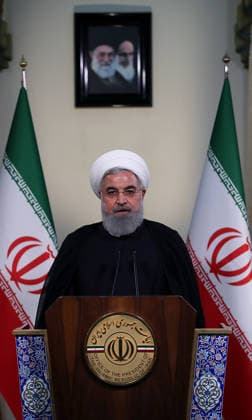 Iranian President Hassan Rouhani TEHRAN, IRAN - MAY 8 : (----EDITORIAL USE ONLY – MANDATORY CREDIT - IRANIAN PRESIDENCY HANDOUT - NO MARKETING NO ADVERTISING CAMPAIGNS - DISTRIBUTED AS A SERVICE TO CLIENTS----) Iranian President Hassan Rouhani holds a press conference on Trump s withdrawal decision from Iran nuclear deal in Tehran, Iran on May 8, 2018. Tahran Iran. Editorial use only. Please get in touch for any other usage.  Copyright: x2025xAnadoluxIranianxPresidencyx xHandoutx
