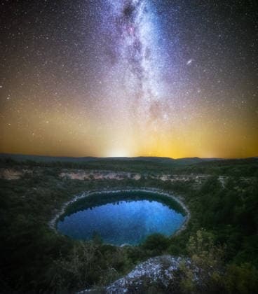 Milky Way and Stars Mirrored in Mountain Lagoon - Galactic Reflection Espanya la Vella, Comunitat Valenciana, Spain CR_HCHE251217-1915251-01
