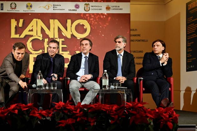 December 30, 2025, Catanzaro, Catanzaro, Italy: Press conference for the presentation of RAI s New Year s Eve program The Year to Come at the S. Giovanni Complex, Catanzaro. Pictured: From left: Marco Liorni, host; Roberto Occhiuto, President of the Calabria Region; Nicola Fiorita, Mayor of Catanzaro; Sergio Santo, CEO of RAI COM; Anton Giulio Grande, President of the Calabria Film Commission. Catanzaro, Italy 30 December 2025 Catanzaro Italy - ZUMAa289 20251230_zia_a289_047 Copyright: xValeriaxFerrarox