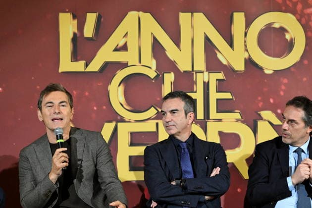 December 30, 2025, Catanzaro, Catanzaro, Italy: Press conference for the presentation of RAI s New Year s Eve program, L anno che verro , at the S. Giovanni Complex, Catanzaro. Pictured: From left: Marco Liorni, host; Roberto Occhiuto, President of the Calabria Region; Nicola Fiorita, Mayor of Catanzaro; Sergio Santo, CEO of RAI COM Catanzaro, Italy 30 December 2025 Catanzaro Italy - ZUMAa289 20251230_zia_a289_056 Copyright: xValeriaxFerrarox